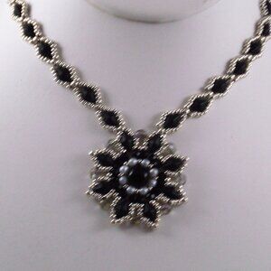 Starflower Necklace, Hand Beaded Necklace, Black Starflower, Couture